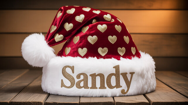 Illustration of personalized christmas santa hat with heart pattern and name sandy