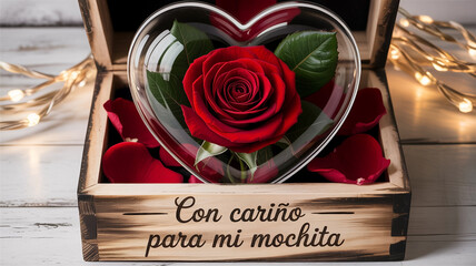 Illustration of red rose preserved in heart glass dome inside wooden box