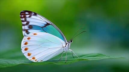 A detailed close-up of a white and blue butterfly with brown spots on its wings, perched on a vibrant green leaf. The background is a soft, blurred bokeh of gre