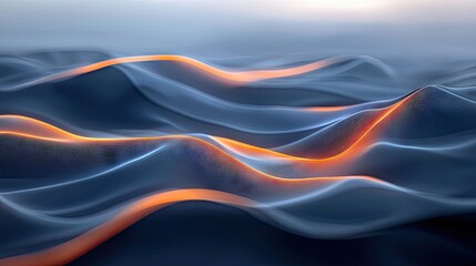Abstract, flowing landscape with undulating waves of dark blue material illuminated by bright orange and blue light.