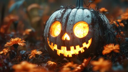 Halloween pumpkin sits amidst glowing orange flowers in an enchanting autumn garden setting at dusk