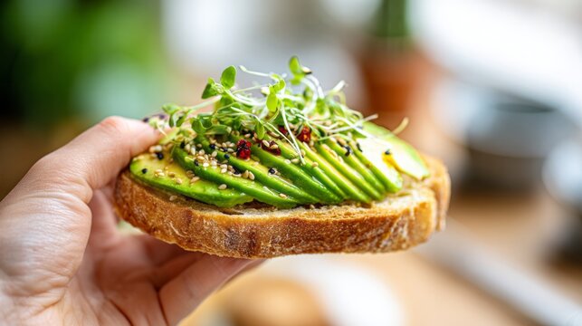 Hand holding an avocado toast with fresh microgreens and sesame seeds, representing healthy vegan breakfast and snack options