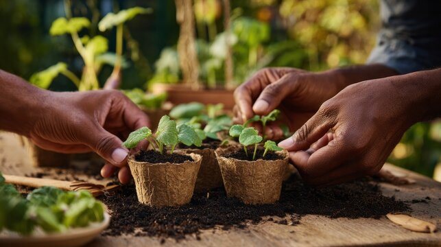 Hands nurturing young plant seedlings in biodegradable pots, cultivating new life and sustainable growth