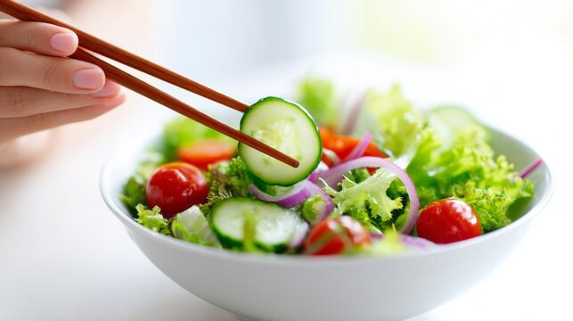 Hand using chopsticks to pick a cucumber from a colorful salad bowl with lettuce, cherry tomatoes, and red onion - Powered by Adobe