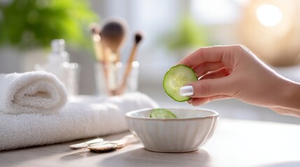Woman's hand holding fresh cucumber slice for natural skincare and beauty treatment at home spa