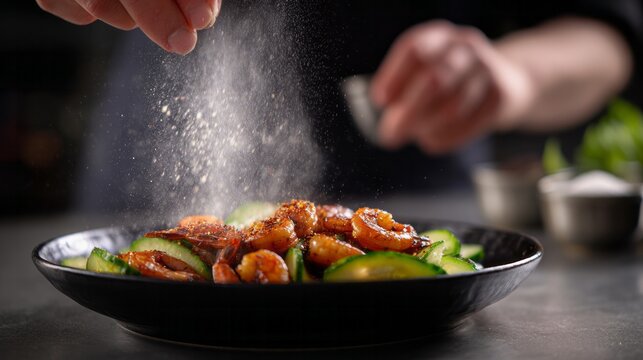 Chef hand seasoning a delicious shrimp and cucumber salad, adding flavor to fresh ingredients for a healthy meal