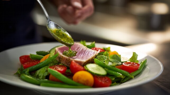 Chef pouring green dressing on seared tuna steak salad with fresh vegetables for a gourmet healthy meal - Powered by Adobe
