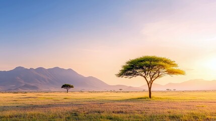 Obraz premium A lone acacia tree stands in the vast African savannah, bathed in the warm golden light of sunrise. Distant mountains form a majestic backdrop under a clear, gr