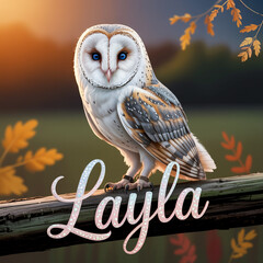 Illustration of beautiful barn owl with blue eyes perched on a wooden fence rail