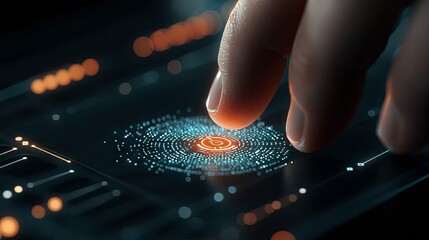 Close-up of a person's hand touching a glowing digital interface with circular data patterns and circuit board elements. The mood is futuristic and technologica