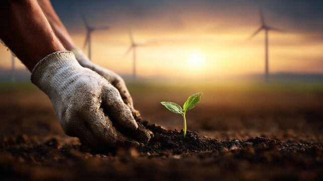 Hands planting a young seedling in fertile soil with wind turbines and a sunset on the horizon, symbolizing sustainability and renewable energy