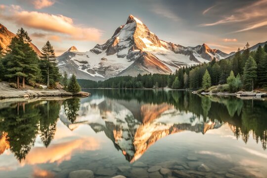 Majestic Mountain Landscape Reflected in Calm Lake at Sunrise - Powered by Adobe