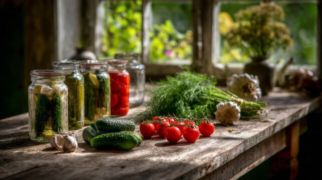 Homemade preserves on a rustic wooden table with fresh cucumbers, cherry tomatoes, dill, and garlic, ready for canning - Powered by Adobe
