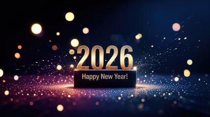Glistening golden 2026 year numbers sit atop a dark pedestal amidst bokeh and sparkles