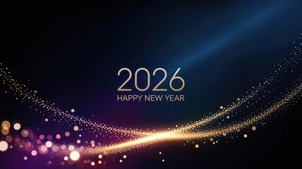 Golden light particles illuminate the 2026 new year message against the dark blue background