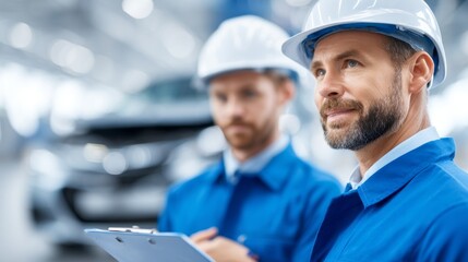 In a well-lit workshop, two workers in blue uniforms and hard hats analyze vehicle safety. One holds a clipboard as they discuss important tasks. The focus is on teamwork and precision