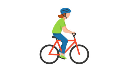 A person wearing a safety helmet rides a red bicycle. Simple flat vector illustration of a cyclist for an active lifestyle concept