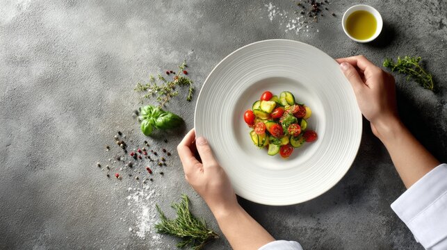 Chef presenting fresh vegetarian salad bowl with cucumber and cherry tomatoes, preparing healthy food