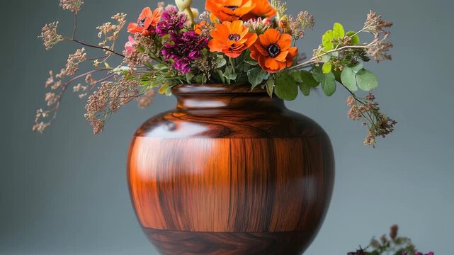 Beautiful wooden vase filled with vibrant flowers in a minimalistic setting
