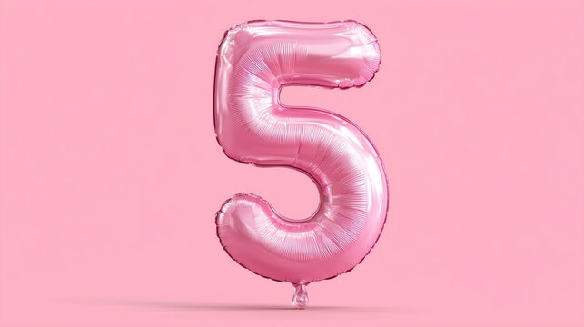 Pink foil balloon number five floating against a matching backdrop
