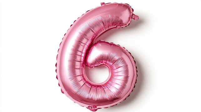 Pink metallic foil balloon forming the number six isolated on a white background
