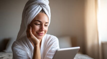 Woman wearing a bathrobe and a towel headwrap, smiling while using a digital tablet for self care, wellness, and relaxation
