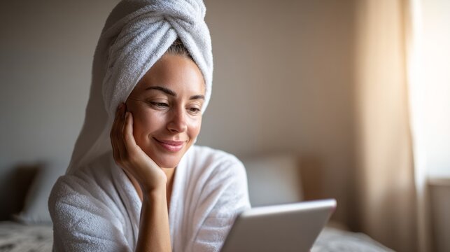 Woman wearing a bathrobe and a towel headwrap, smiling while using a digital tablet for self care, wellness, and relaxation - Powered by Adobe