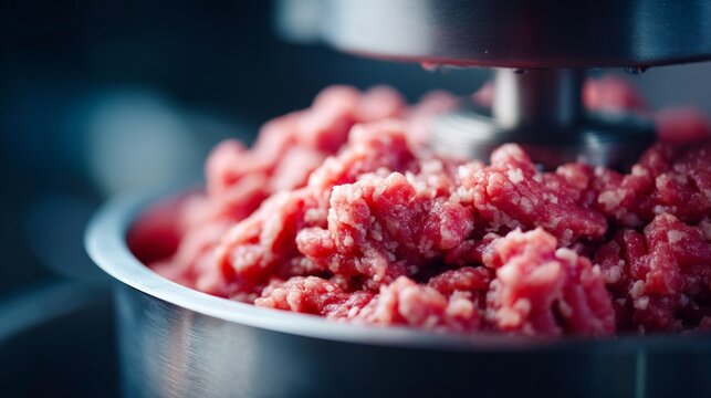 In a vibrant kitchen, a meat grinder works steadily, producing fresh ground meat. Chefs prepare for dinner service, filling the air with delicious anticipation. The bustling atmosphere adds energy