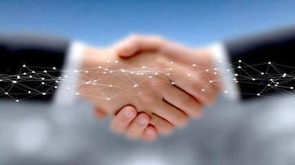 Two adult hands in a firm handshake, overlaid with a glowing white digital network pattern against a blurred background of suits and a bright blue sky.