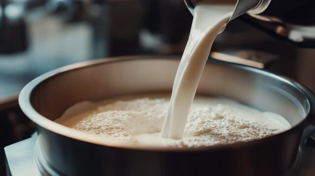 Fresh milk being poured into a stainless steel container, capturing the smooth flow and frothy texture in a dairy processing or kitchen setting.