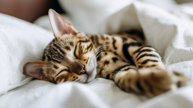 A bengal cat, with its striking spotted coat, lies curled up peacefully on a soft, white blanket in a sunlit room. The calm atmosphere suggests a perfect lazy afternoon
