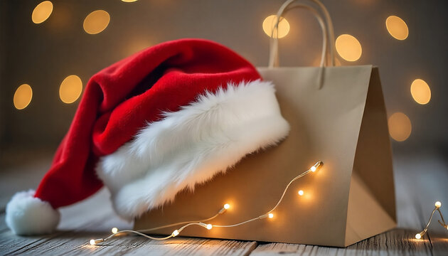 A festive red and white Santa hat drapes over the corner of a plain brown paper gift bag, set against a softly white blurred background, created with generative ai