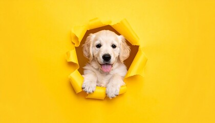 Golden retriever puppy peeking through torn yellow paper with paws on edge in playful reveal