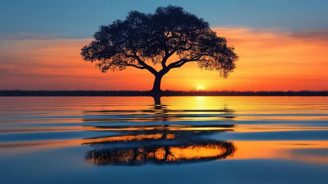 Stunning sunset over tranquil water reflecting a solitary tree