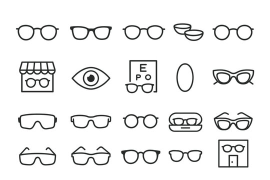 Collection of various eyeglass icons including sunglasses and contact lenses on white background