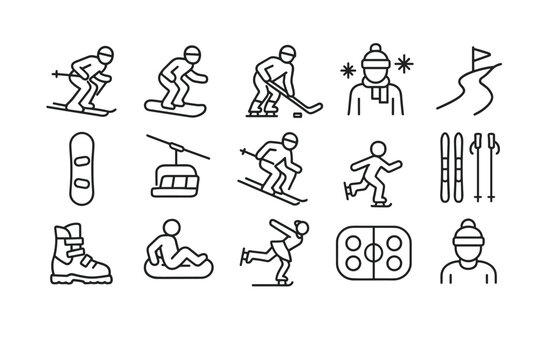 Winter sports icons: skiing, snowboarding, ice hockey, tubing, ice skating