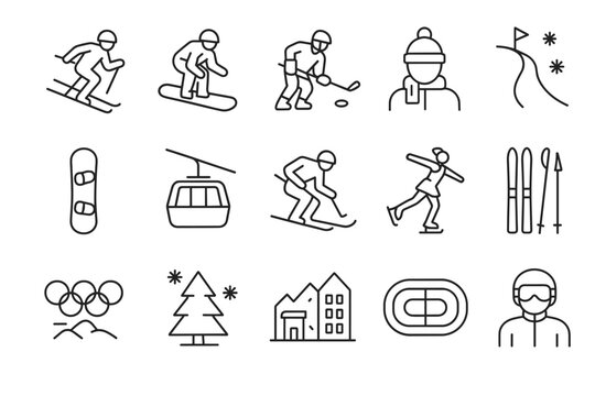 Winter sports icons: skiing, snowboarding, hockey, olympics, ice skating