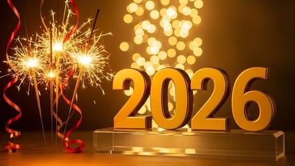 Celebrating New Year 2026 with Sparklers and Festive Golden Decorations on a Glittering Background for Hopeful Beginnings