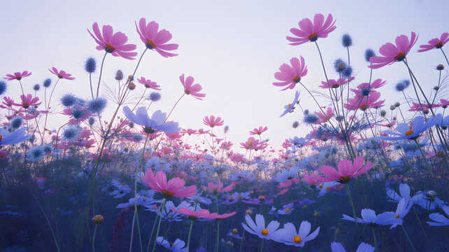 Field of cosmos flowers in full bloom with pink and white petals against a light sky background view - Powered by Adobe