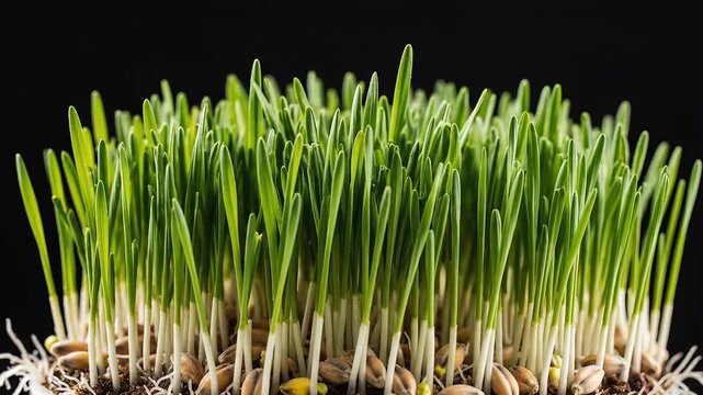 Closeup of vibrant green wheatgrass sprouts growing against a dark background showcasing healthy roots and fresh blades.