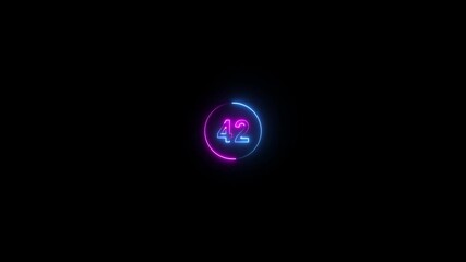 A circle with cyan and purple color neon 42 text animation on black background, Glowing neon text educational concept ,neon 42 number, Promote advertising concept motion animation.