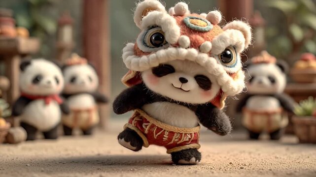 Animated panda in lion dance costume