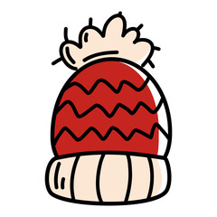 Red winter knitted hat with pompom illustration. Hand-drawn red knitted winter hat with pompom perfect for cozy seasonal themes, holiday graphics, warm clothing designs, and festive vector artwork.