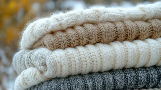 Cozy knitted sweaters stacked neatly in warm autumn colors for the chilly season ahead
