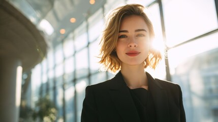 Blonde businesswoman smiles confidently in an office lobby with sunbeams