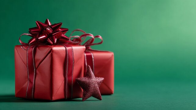 Two red gift boxes adorned with glossy bows rest on a vibrant green background. A sparkling star sits nearby, adding to the festive atmosphere of joy and anticipation