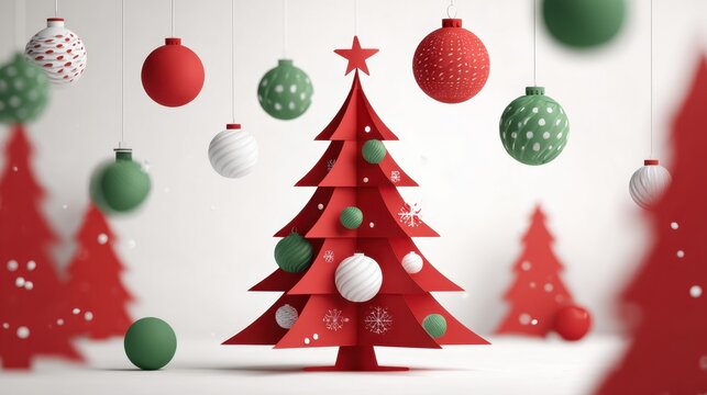 Festive Christmas tree silhouette with hanging ornaments and snowflakes