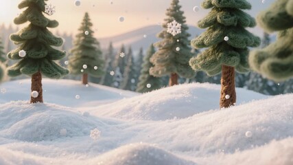 Felt fir trees in a snowy winter forest with gently falling snowflakes, captured in a handcrafted miniature scene. Soft textures create a cozy Christmas mood. Peaceful setting. - Powered by Adobe