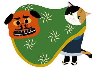 日本の伝統の獅子舞のミケ猫