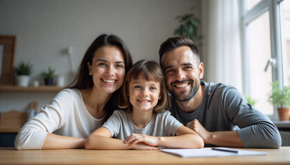 Happy family of three smiling together at home with natural light